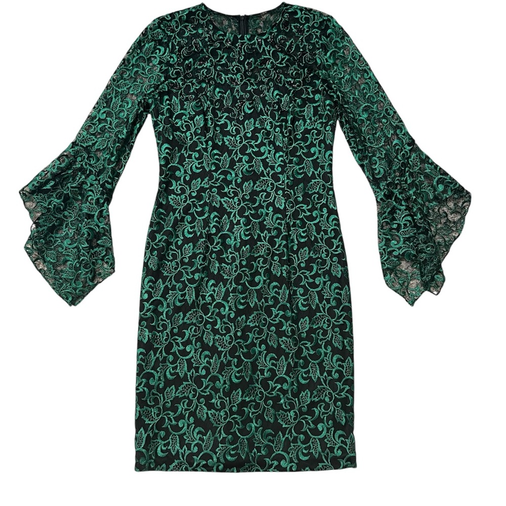 WHBM CARMEN MARC VALVO sequin embroidered lace bell sleeve dress size 8 GRN/BLK